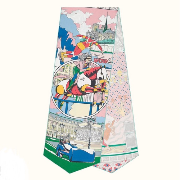hermes le premier chant wow! silk muffler scarf rose/blanc/multicolore